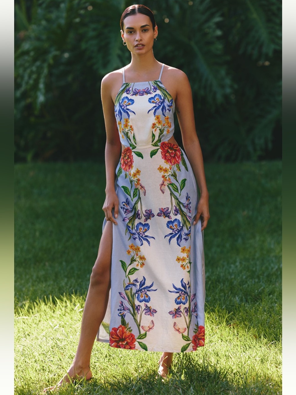 Anthropologie Floral Halter Maxi Dress in White, Blue, Red, Green